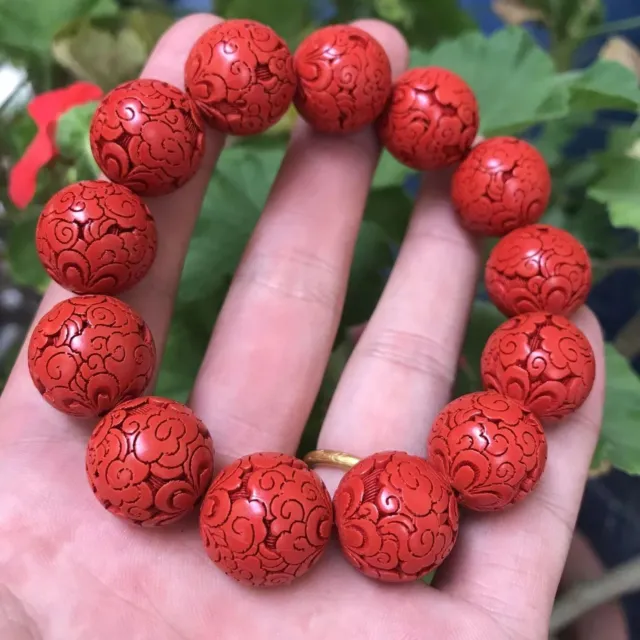 Chinese Antique Natural Red Cinnabar Carved Pendant Bracelet 3