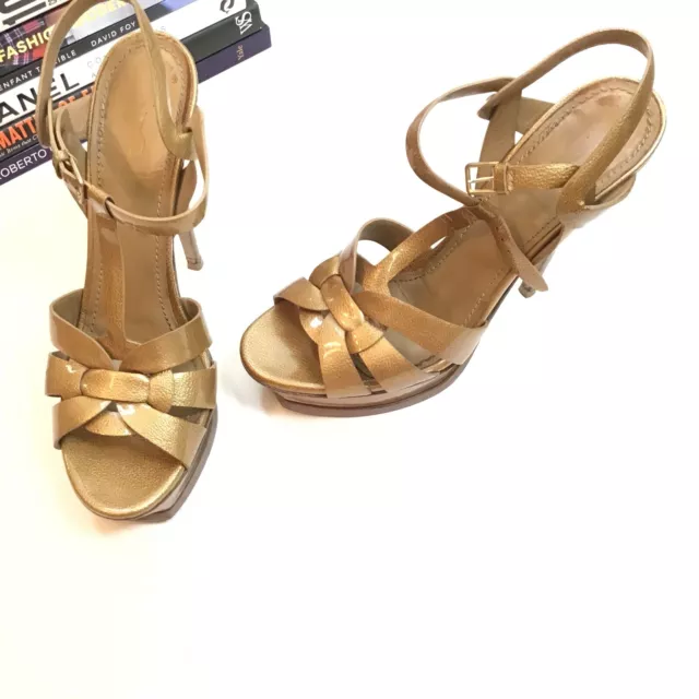 YVES SAINT LAURENT YSL Tribute Heels 41 Gold Patent Leather Platform ...