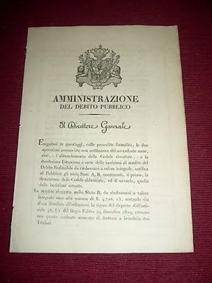 Regno di Sardegna Torino Elenco Cedole Abbruciate Rendite Debito Redimibile 1828