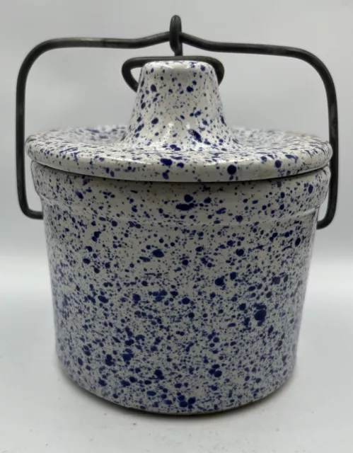 Vintage Blue Speckled Stoneware Cheese/Butter Crock With Wire Bail Lid Closure