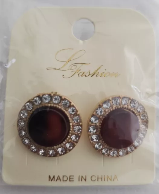 NIP Women's L Fashion Round Gold Tone Brown and White 1 Inch Stud Earrings