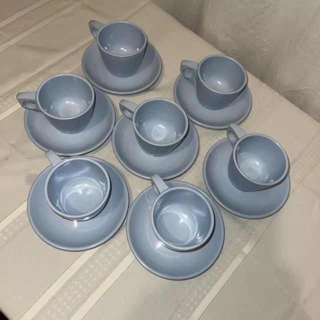 Vintage EUC Boontonware BLUE Melamine 7 Cups & 7 Saucers-Durable & Lovely