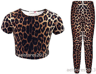 Girls Crop Top and Leggings Set Leopard Print Outfit Short Sleeve T-Shirt 5 - 13