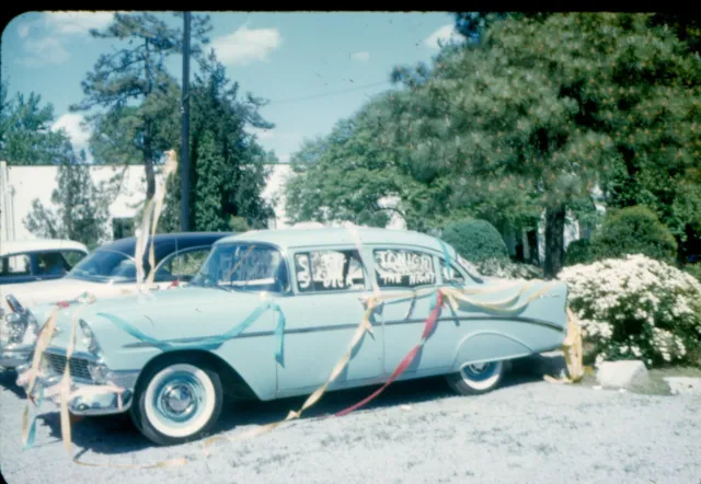 2 vintage 35mm slides Kodachrome 1950s classic car decorated after wedding cabin