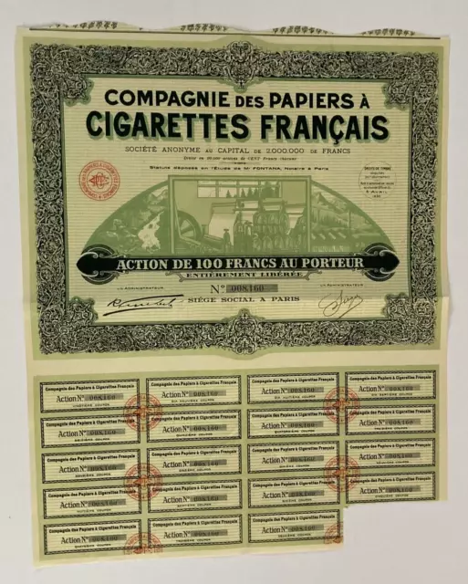 1930 Compagnie Des Papiers A Cigarettes Francais Stock Certificate France Green