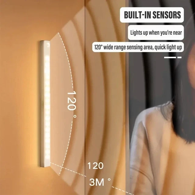 STRIP LIGHT LED PIR Motion Sensor Wireless USB Rechargeable Cabinet ...