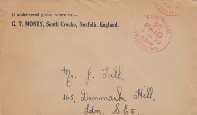 GB KGV 1929 Commercial Machine Paid Cover Fakenham London PH J1959