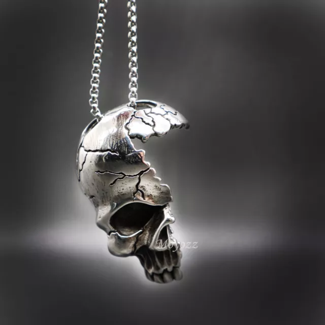 Mens Gothic Biker Broken Skull Punk Pendant Necklace Men Stainless Steel Gift