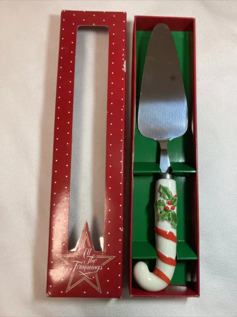 Vintage 1986 Macy’s Christmas Cake Server in box candy cane handle holly leaves