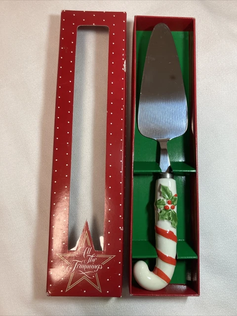 Vintage 1986 Macy’s Christmas Cake Server in box candy cane handle holly leaves