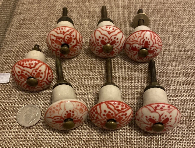 Lot of 7 Ceramic Drawer Pulls Knobs Hand Painted Red Floral