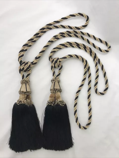 Art Deco Victorian Style Tieback Tassels Set 2 Curtain Drape Black Beige Gold
