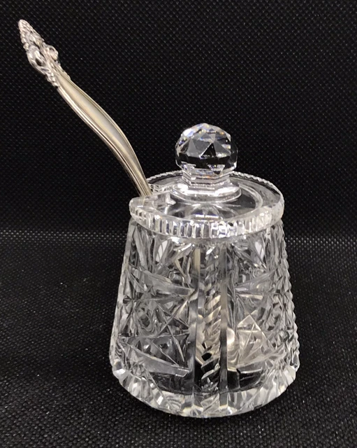 Antique Glass Lidded Mustard Pot w/ Sterling Silver Ladle