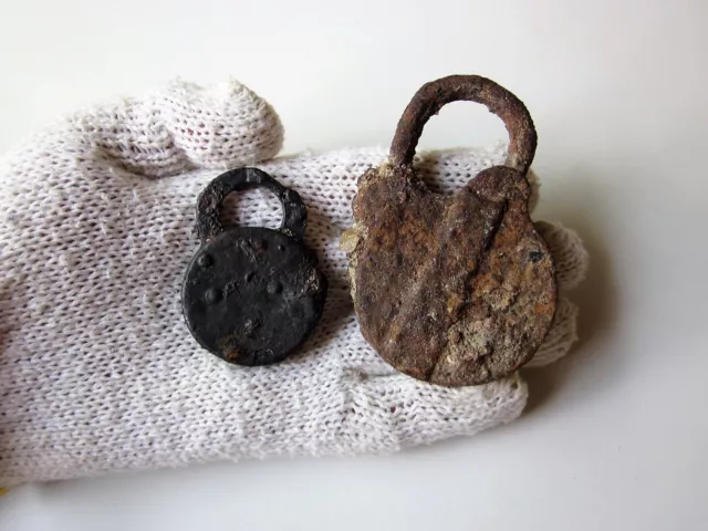 Lot of 2 ancient late Roman or Byzantine iron padlocks. Uncleaned.