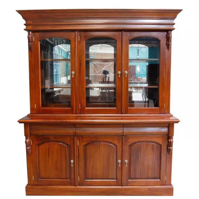 Solid Mahogany Large Antique Victorian Style 3 Door Display Cabinet / Bookcase