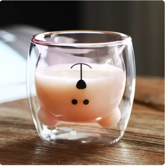 Cute Tea Milk Cup Double Wall Glass Mug, Bear Animal Double