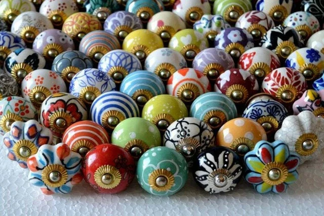 Hand Painted Lot of 10 colorful Ceramic Cabinet Knobs Pulls Drawer Door Handles