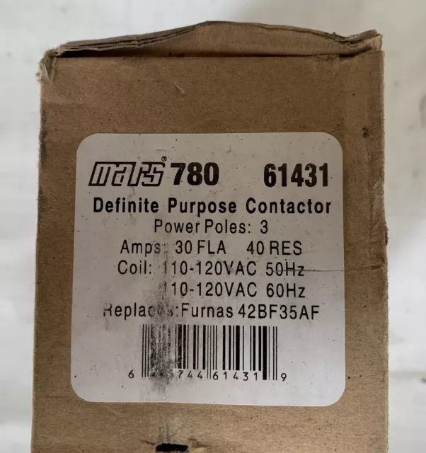 MARS 780 61431 Definite Purpose 3 Pole Contactor 30 FLA 110-120VAC Coil 50-60Hz