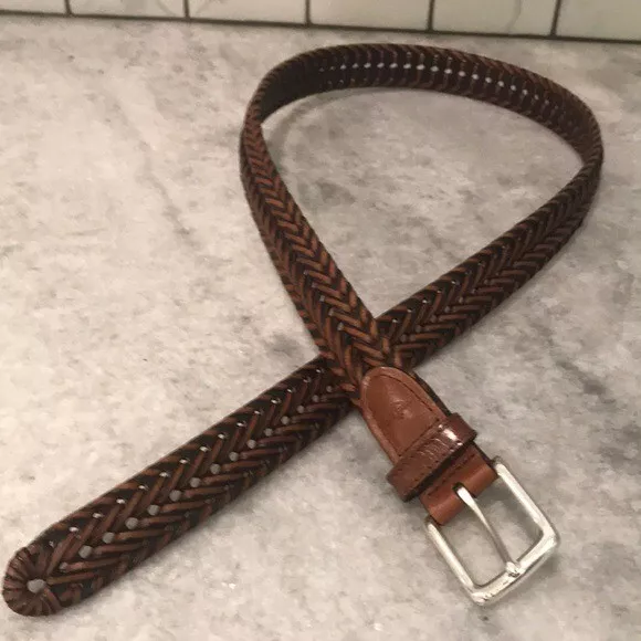 DOCKERS WOVEN SPLIT Leather Belt Mens 38 Brown Braided Silver Buckle ...