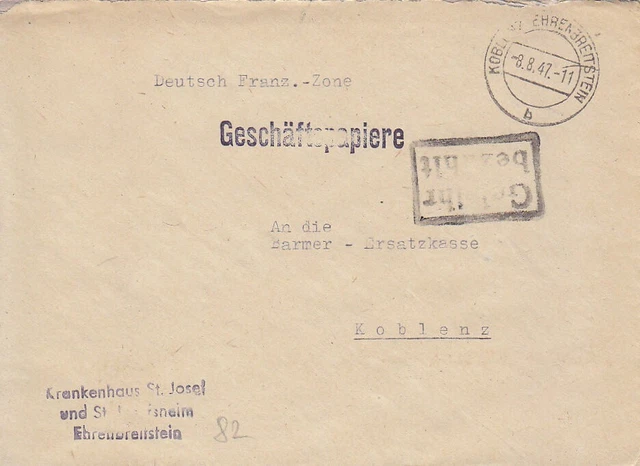 F.Zone - KOBLENZ  -  EHRENBREITSTEIN - Gebühr bezahlt - Brief - 1947