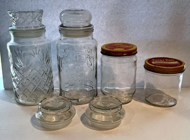 Lot: 2 Planter's Peanuts Jar's, 4 Lid's &Peter Pan & Jif Peanut Butter & 2 Tin's