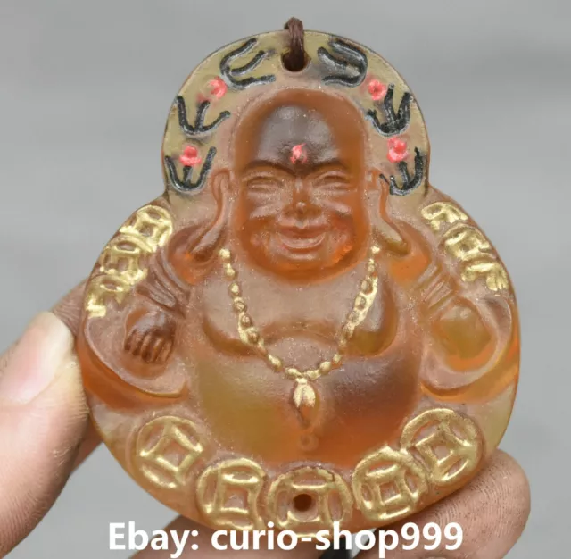 Old Chinese Coloured Glaze Gilt Painting Happy Maitreya Buddha Amulet Pendant