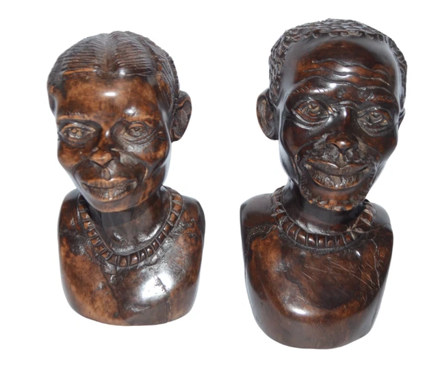 Hand Carved Wood African Bust Man Women Statues Figurines 6.5" Tall