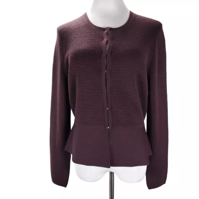 Hugo Boss Cardigan Sweater Size L Brown Merino Wool Lightweight Peplum Jacket