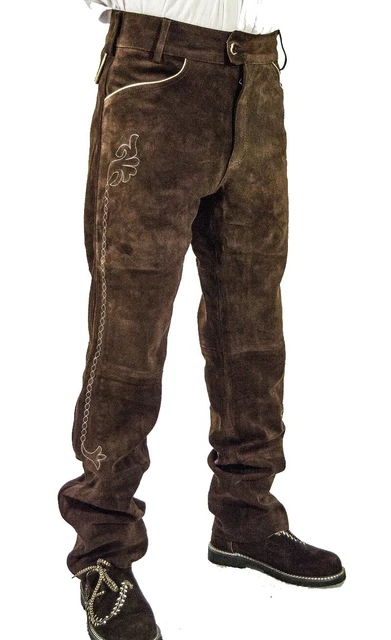 *Neu* Herren Trachten Lederhose Lang Rinds Velourleder Stickerei Braun Gr.48