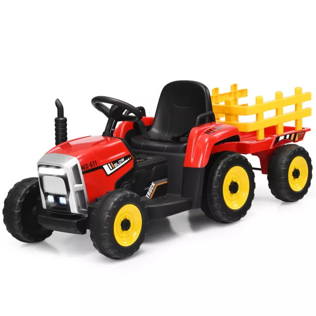 Honeyjoy 12V Kids Ride On Tractor with Trailer Ground Loader w/ RC & Lights Red
