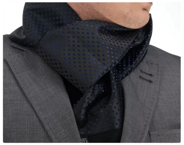 Brand New Mens Double Side Scarf Silk Wool Blend Black with Navy Blue Polka Dot