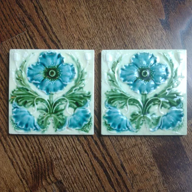 Pair of Antique English Raised Relief Hand Painted Poppy Tiles Nice!!!