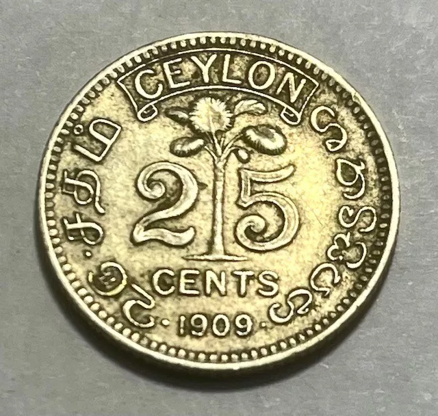 British CEYLON - Edward VII - Silver 25 Cents 1909 - Km-98 - About Uncirculated! 2