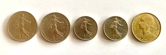 Lot of 5 French coins: 1 Franc 1960 (2), 1/2 Franc 1965 (2), 1963 20 Centimes