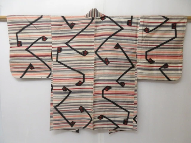 2008T08z370 Vintage Japanese Kimono Silk MEISEN HAORI  Light gray
