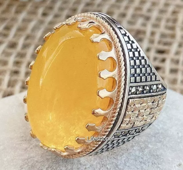 Hombre Anillo Natural Amarillo Cornalina Yemení Ágata Aqeeq 925 Plata Raro