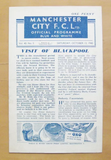 MANCHESTER CITY v BLACKPOOL 1945/1946 *VG Condition Football Programme*