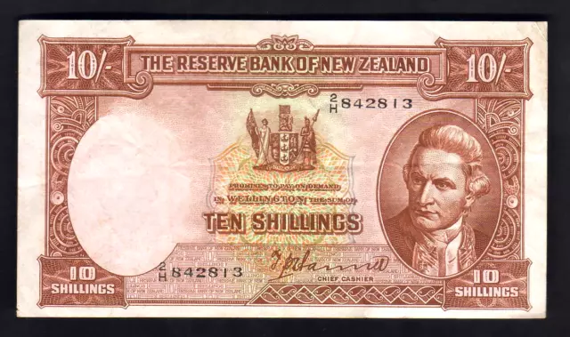 NEW ZEALAND P-158a. (1940-55) Ten Shillings - Hanna..   Prefix 2/H.. gVF