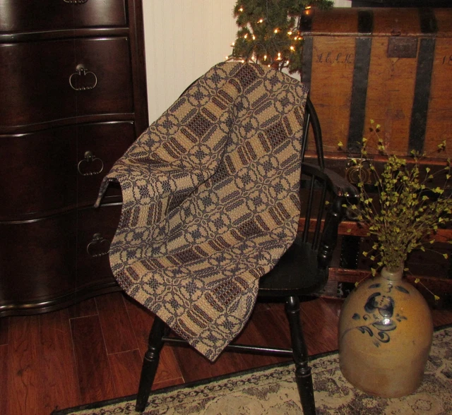 Prim Antique Vtg Style Tan Navy Choco Cotton Woven 32" COVERLET Square RQ30TNCSS