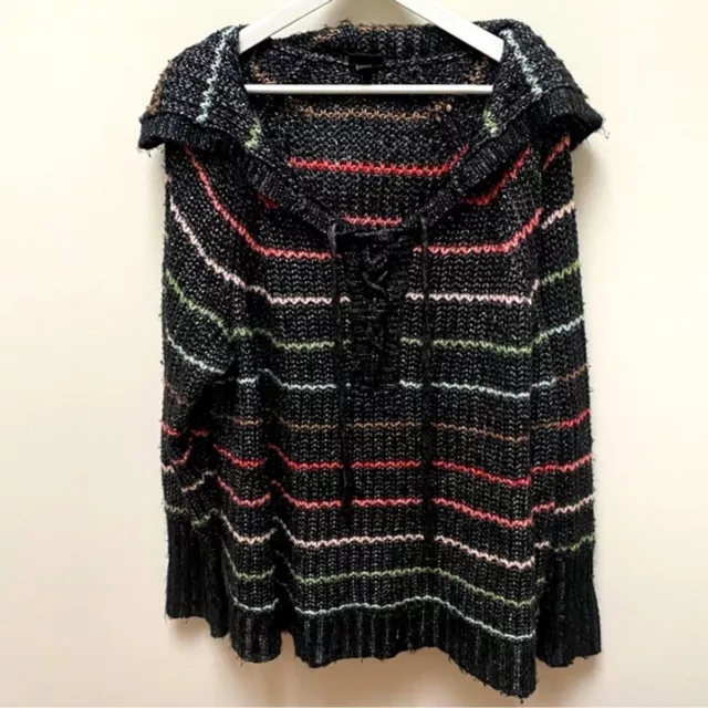 Torrid Hooded Lace-Up Sweater Black with Rainbow Stripes Plus Size 3X