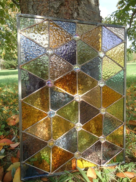 Stained Glass  Autumn Suncatcher Transom Window Panel   17 "x 13"