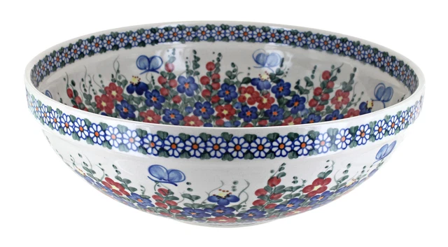 Blue Rose Polish Pottery Garden Butterfly Large Serving Bowl