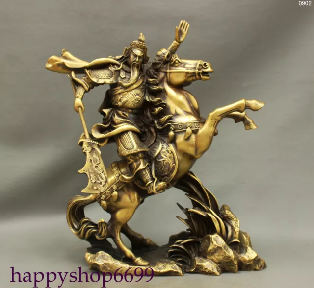 14" China Bronze Wealth Dragon Guan Gong Yu Warrior God Ride Horse Sword Statue