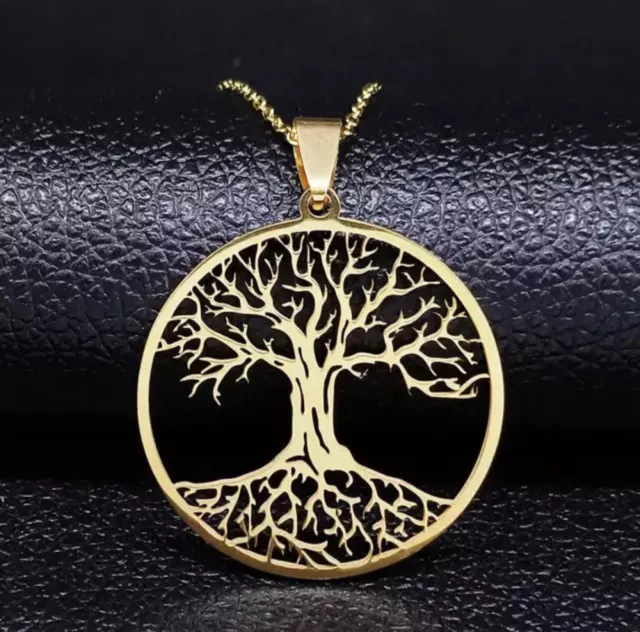 Unisex Anhänger Baum Des Lebens Edelstahl Goldfarben Mit Kette Mod A