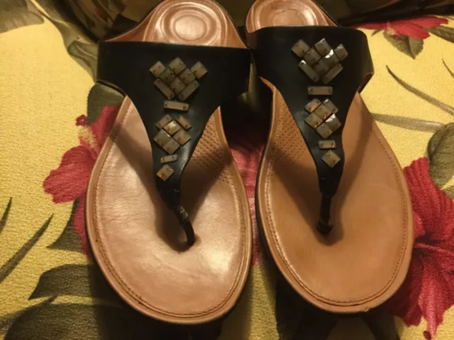 FitFlop Womens Black Banda Leather Toe Thong Flip Flops Sandals Sz 9