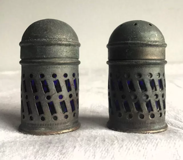 Pair of Very Old BSC Silver Plate Cobalt Blue Glass Lined Salt & Pepper Shakers.