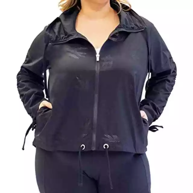 Nanette Lepore Black Ruched Swan Perforated Windbreaker Jacket Size Large