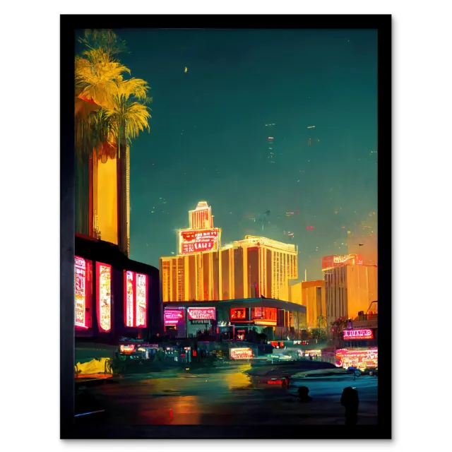 Las Vegas Strip Street Cityscape Painting Framed Wall Art Picture Print 12x16