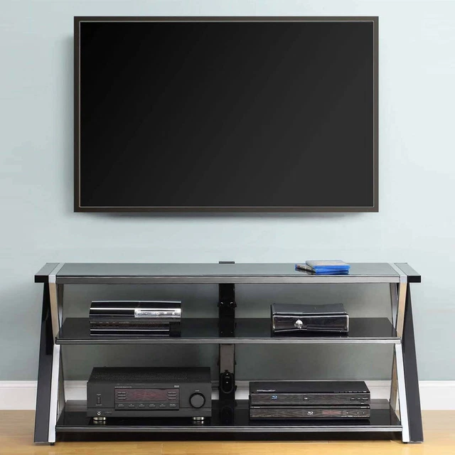 Whalen Furniture Black TV Stand for 60" Flat Panel TVs Tempered Glass Shelves