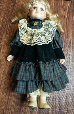 Vintage Porcelain Girl Doll Beautiful Green Dress, ~ 15" Blonde. Blue Eyes